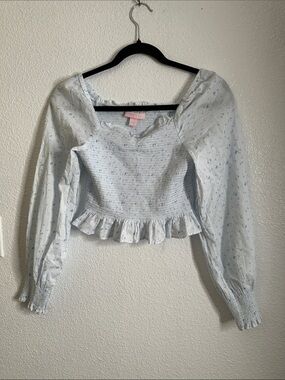 Love shakes fancy Light Blue Floral cottonSmocked Peplum Long-Sleeve Top size 14